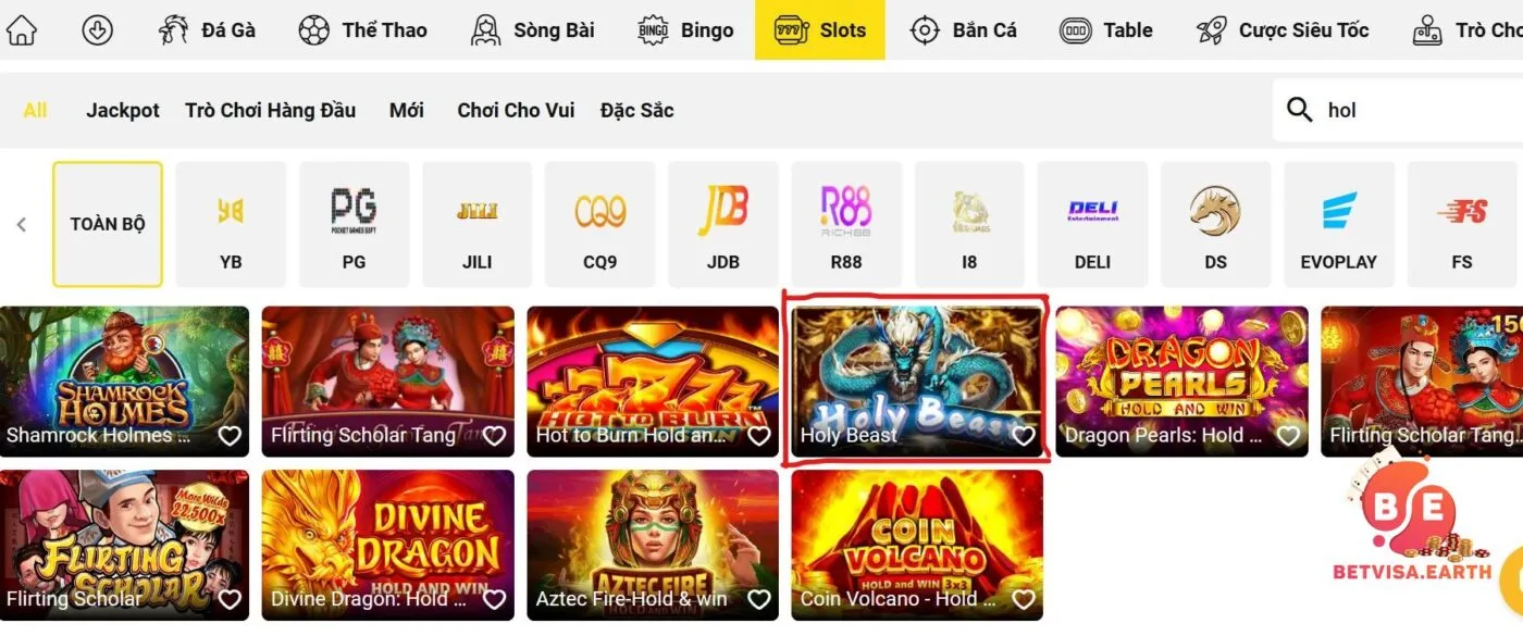 Chọn chơi holy beast Betvisa tại mục “slot”